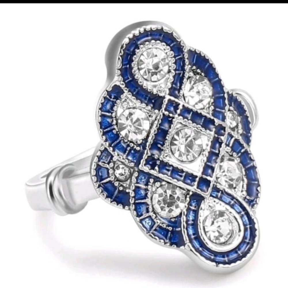 STAINLESS STEEL BLUE & WHITE RHINESTONE RING